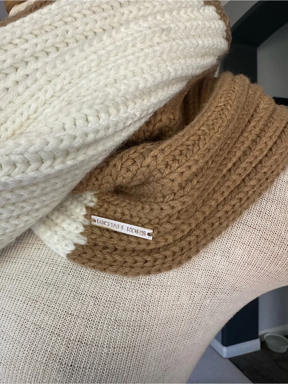 Michael Kors Cream, Camel & Charcoal Colorblock Ribbed Infinity Scarf